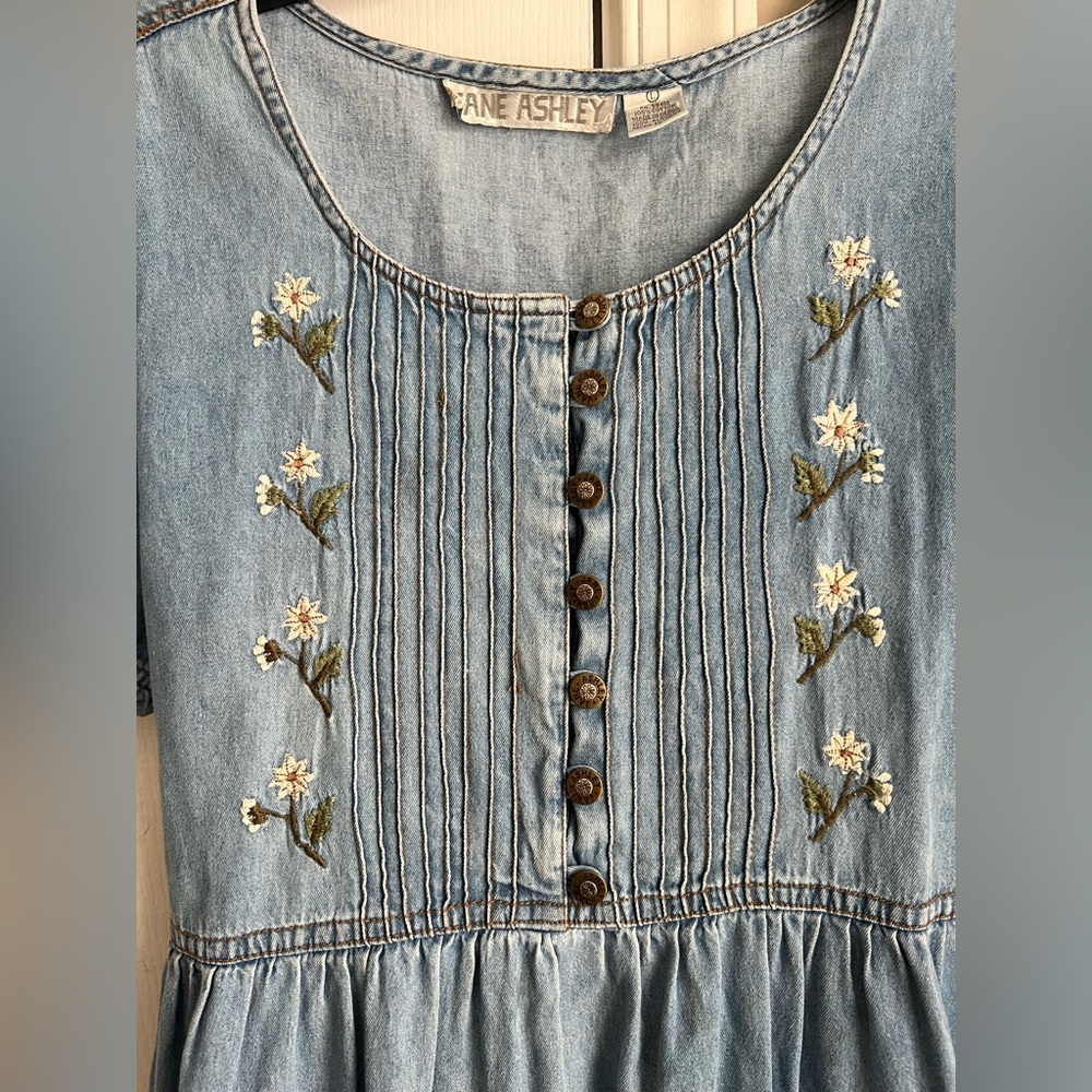 Vintage Jane Ashley Blue Denim Tie Back Garden Patchwork Cottagecore Dress Large - Picture 10 of 14